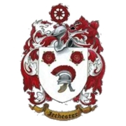 A family crest with red roses, a helmet, red foliage, and a banner reading "Archester".