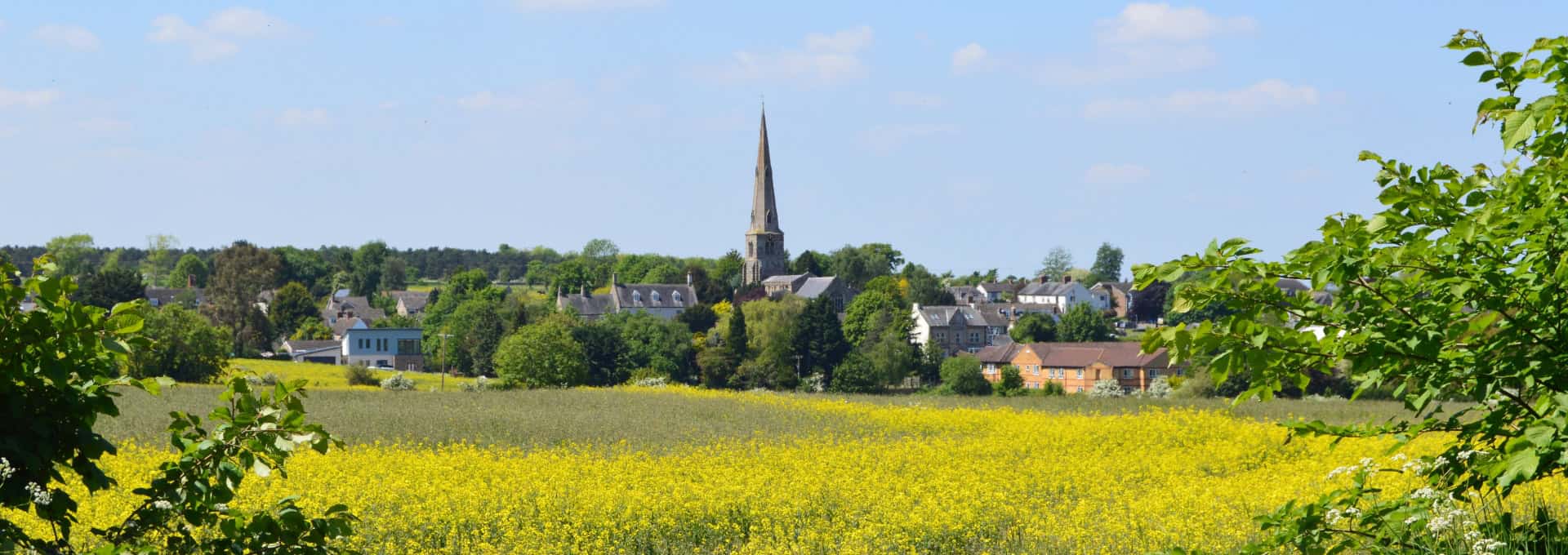A yellow field with a village and church spire in the background under a blue sky with scattered clouds.